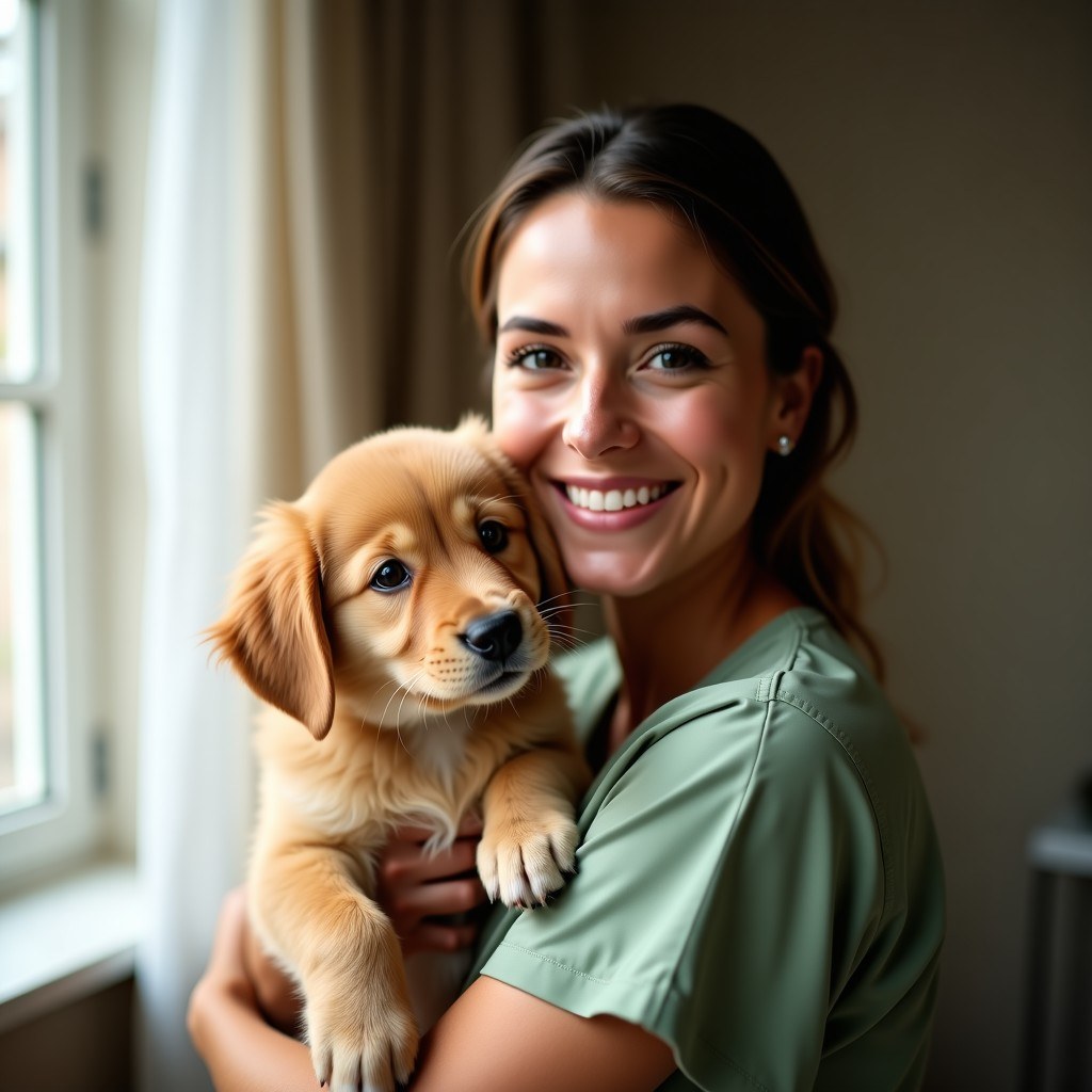Veterinaria atendiendo a una mascota junto a su tutor